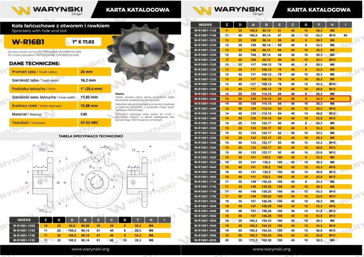 Koło łańcuchowe hartowane 16B1 (R1 1) Z-14 otwór 30mm Waryński 3