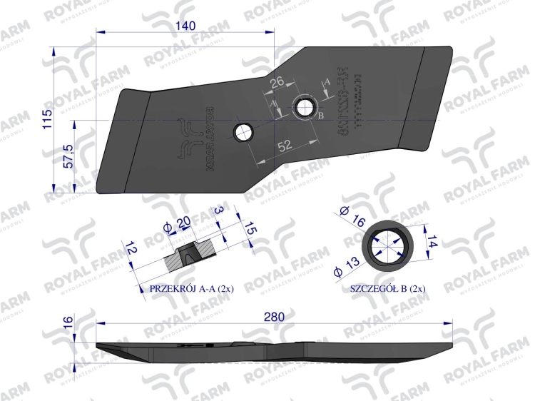 Dłuto prawe nakładka lemiesza obracalna prawa 12mm 622128 Kuhn stal borowa Royal Farm 3