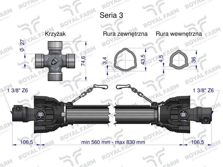 Wał przegubowo-teleskopowy 560-830mm 460Nm 50220 CE 2020 seria 3R WA46-61 Royal Farm 2