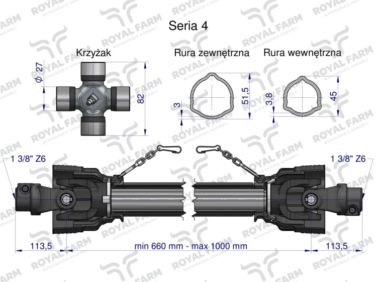 Wał przegubowo-teleskopowy 660-1000mm 540Nm CE 2020 seria 4R Royal Farm 2