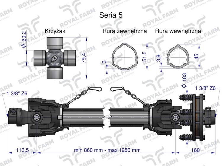 Wał przegubowo-teleskopowy 860-1250mm 620Nm sprzęgło cierne 1200Nm 60960 CE 2020 seria 5R Royal Farm 3