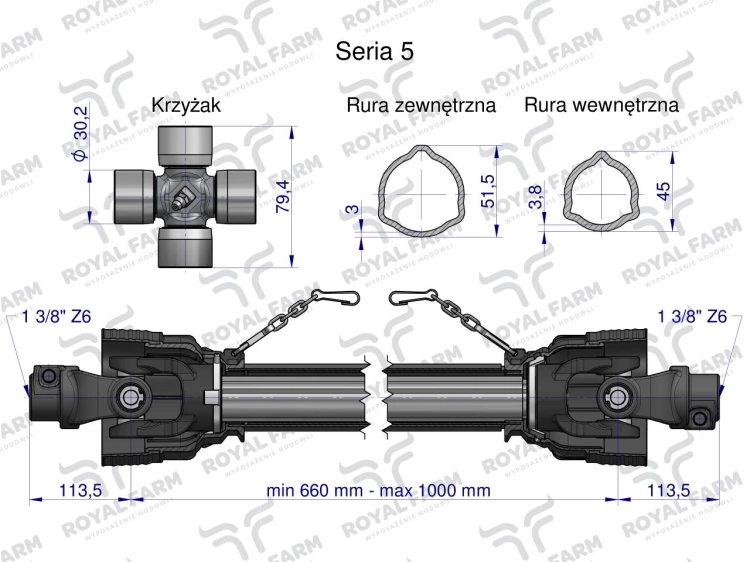 Wał przegubowo-teleskopowy 660-1000mm 620Nm 60230 CE 2020 seria 5R Royal Farm 2