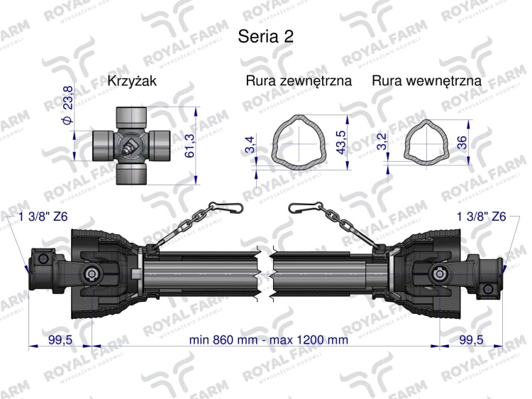 Wał przegubowo-teleskopowy 860-1200mm 270Nm 40250 CE 2020 seria 2R WA25-81 Royal Farm 2