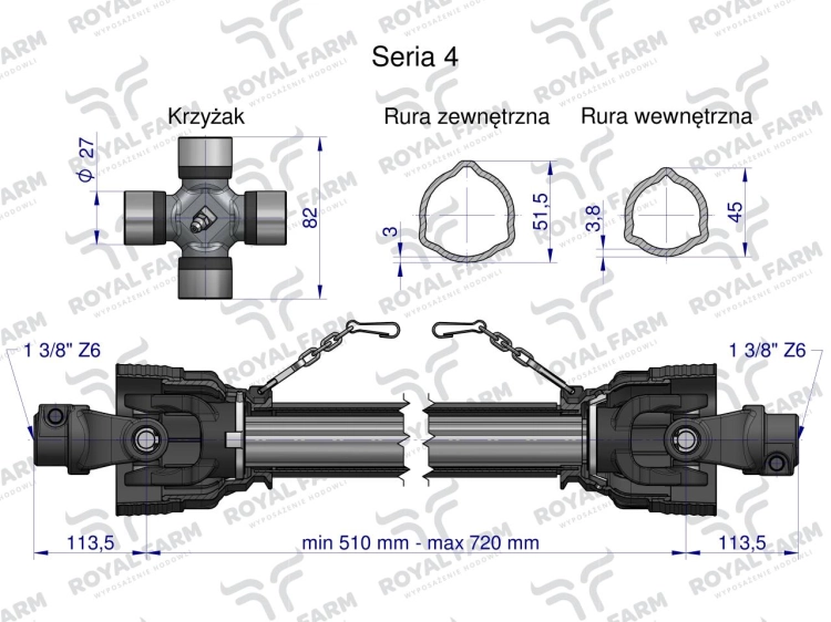 Wał przegubowo-teleskopowy 510-720mm 540Nm CE 2020 seria 4R Royal Farm 2