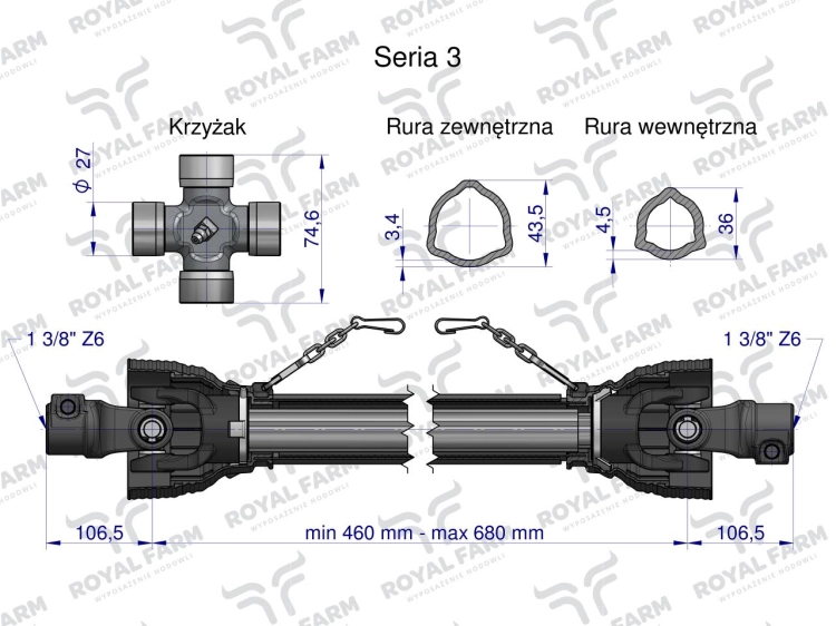 Wał przegubowo-teleskopowy 460-680mm 460Nm 50200 CE 2020 seria 3R WA46-46 Royal Farm 2
