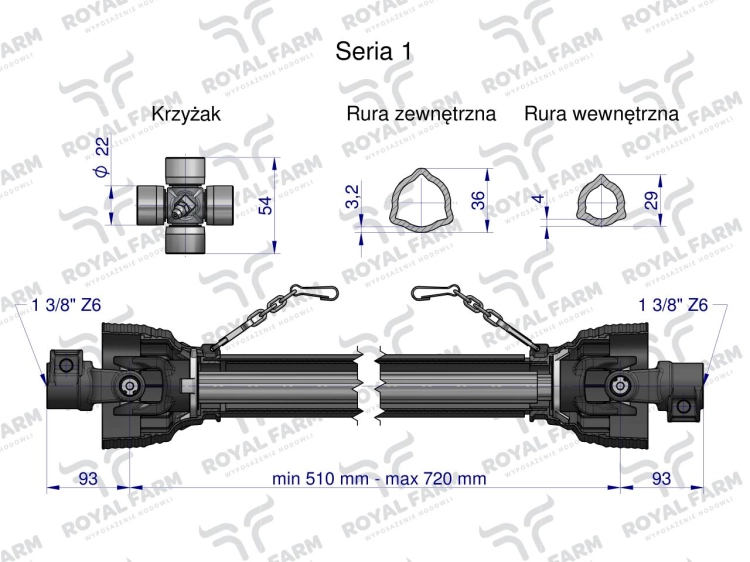 Wał przegubowo-teleskopowy 510-720mm 210Nm 10210 CE 2020 seria 1R WA21-51 Royal Farm 2