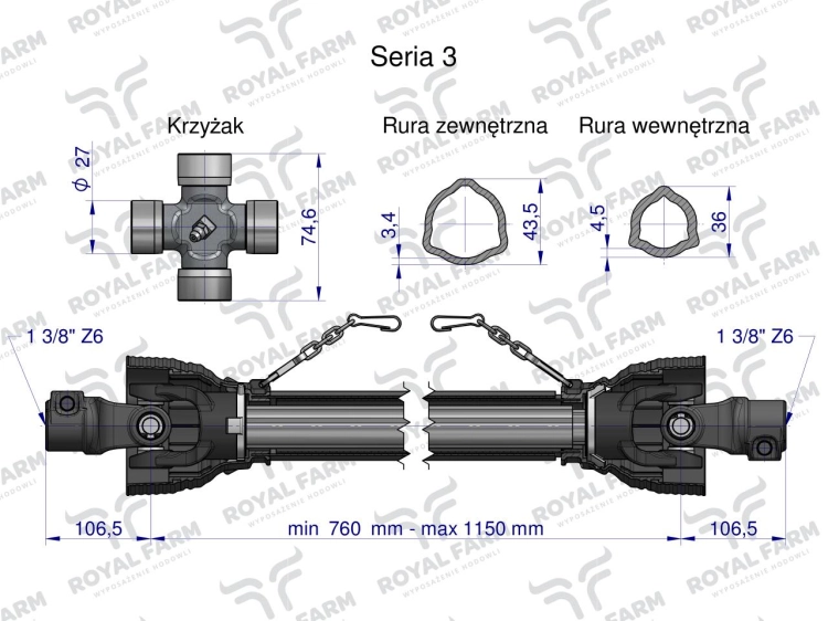 Wał przegubowo-teleskopowy 760-1150mm 460Nm 50240 CE 2020 seria 3R WA46-71 WA40-71 Royal Farm 2