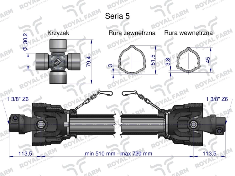 Wał przegubowo-teleskopowy 510-720mm 620Nm 60210 CE 2020 seria 5R Royal Farm 2