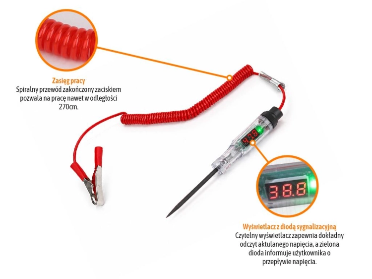 Próbnik tester napięcia obwodów samochodowych z wyświetlaczem LCD DC 3-48V Cert. CE Teger 3