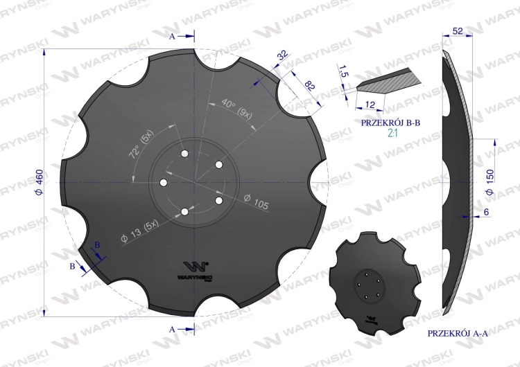 Talerz uzębiony Z-9 fi 460mm mocowanie 5 / 105mm grubość 6mm Horsch 28071304 Waryński 3