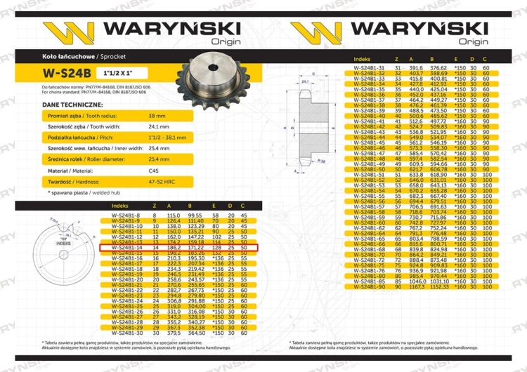 Koło zębate hartowane z kołnierzem 24B-1 (R1 1.1/2) Z-14 Waryński 3
