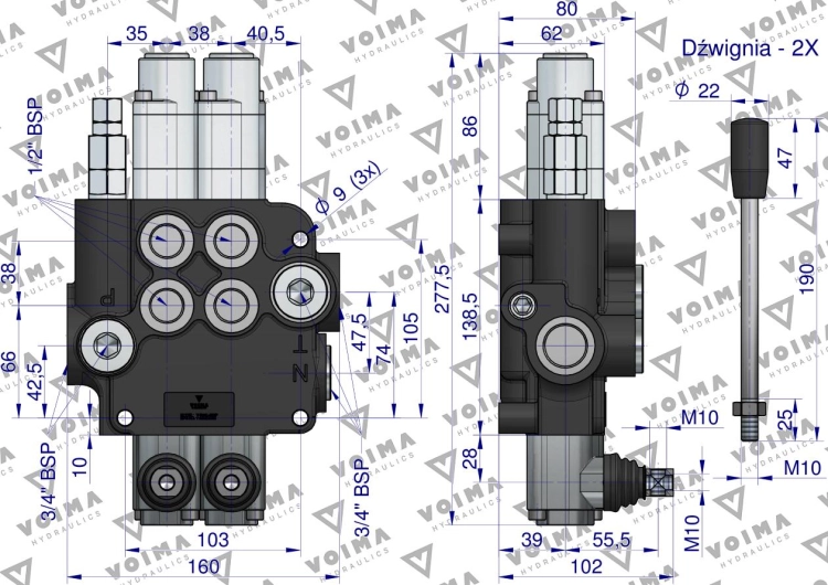 Rozdzielacz hydrauliczny 2-sekcyjny 80L (2-sekcje pływające) VOIMA 4