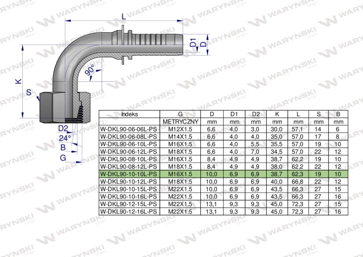 Zakucie hydrauliczne DKL90 DN10 10L M16x1.5 PREMIUM Waryński 4