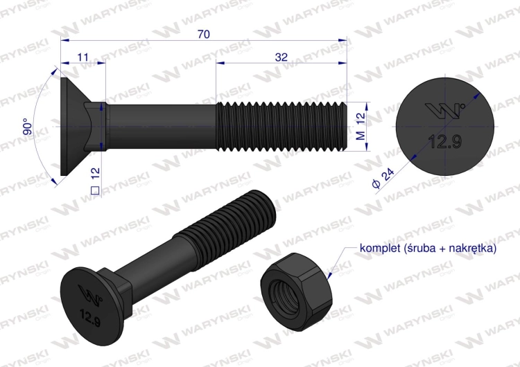 Śruba kpl. płużna podsadzana D 608 M12x70 mm kl.12.9 Waryński 2