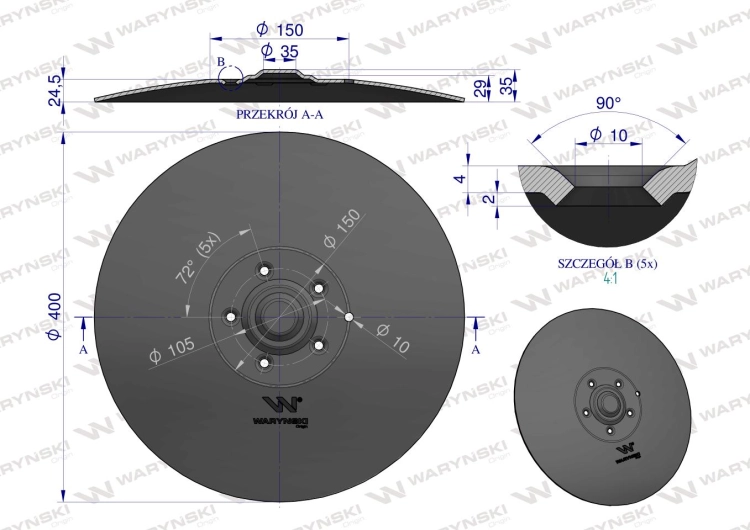 Talerz tarcza redlicy fi 400mm mocowanie 5 / 105mm grubość 4mm Amazone 961301 Waryński 3