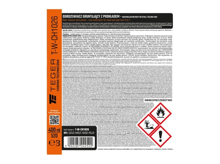 Odrdzewiacz gruntujący z podkładem - neutralizator rdzy do stali i żeliwa 2w1 400ml Teger 3