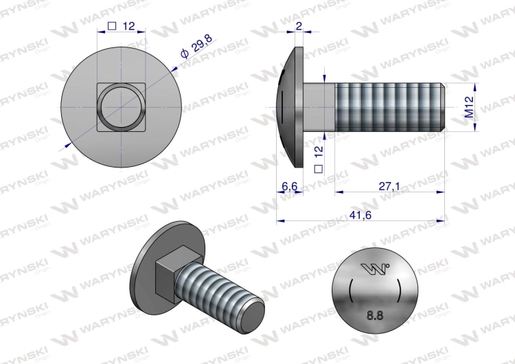 Śruba kpl. zamkowa M12x35 mm kl.8.8 DIN603 talerza agregatu Waryński 3