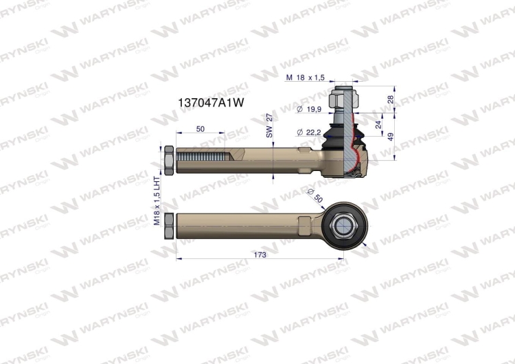 Przegub kierowniczy 173mm- M18x1,5L 137047A1 WARYŃSKI 2
