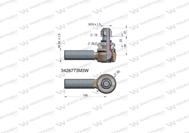Przegub kierowniczy 106mm- M24x1,5 3426773M3, 3223997R1 WARYŃSKI 2