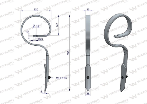 Ząb sprężynowy prosty Duński 550mm 32X10 Waryński 2