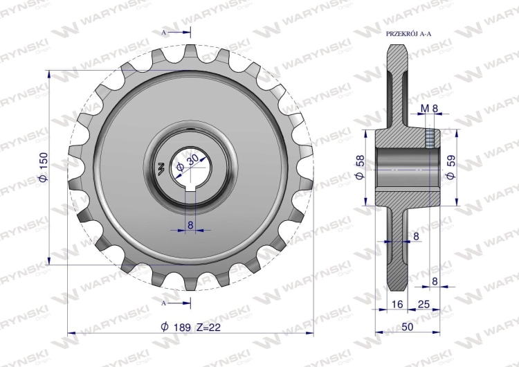 W-221905012Koło łańcuchowe stalowe hartowane Z-22 1" fi-30 Rozrzutnik WARYŃSKI 2