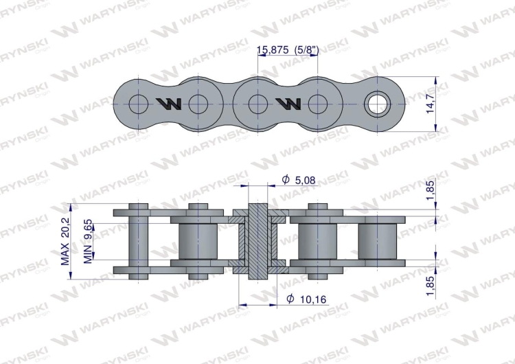 Łańcuch rolkowy wzmocniony przemysłowy 10BH-1 (R1 5/8) 5 m Waryński 2