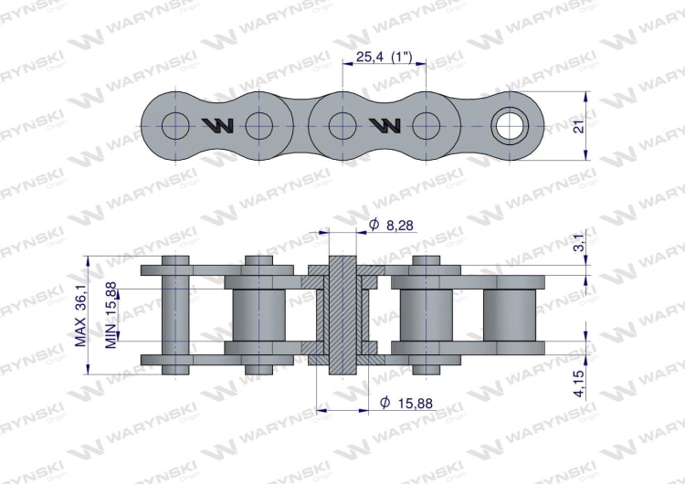 Łańcuch rolkowy 16B-1-106PZ (R1 1) adaptera zastosowanie Rozrzutnik Tandem Waryński  2