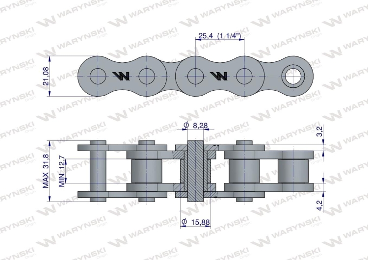 Łańcuch rolkowy 16BX-103PZ+ogn zastosowanie Prasa Zwijka Sipma 5279000060 Waryński 2