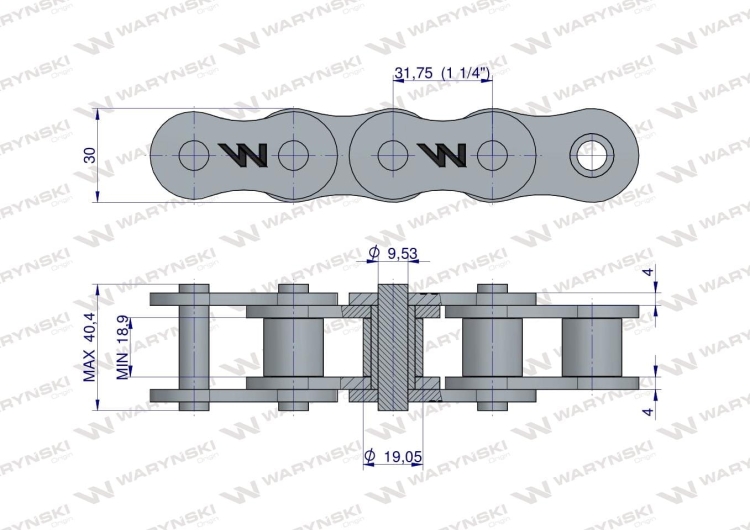 Łańcuch rolkowy wzmocniony 20A-1 ANSI A 100 (R1 1.1/4) 5 m Waryński 2