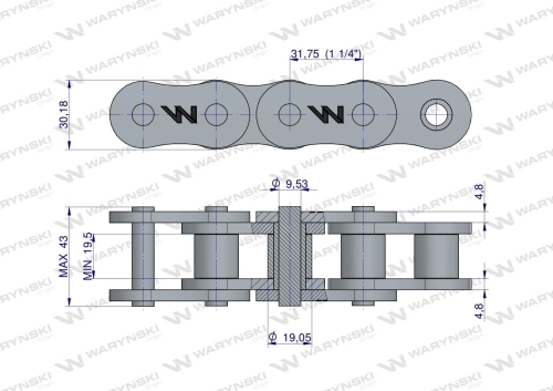 Łańcuch rolkowy wzmocniony przemysłowy 20AH-1 ANSI A 100H (R1 1.1/4) 5 m Waryński 2