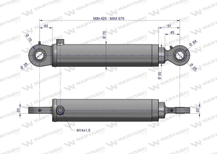 Cylinder hydrauliczny - siłownik jednostronny pomocniczy do Zetor (SMN.50.250; 70118033; 701180451/PL) Waryński  3