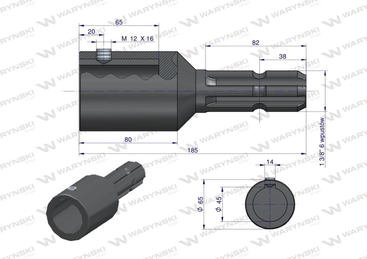 Redukcja adapter na wpust otwór wew. Q 45 mm na wałek 1 3/8 " 6 wpustów WARYŃSKI 4