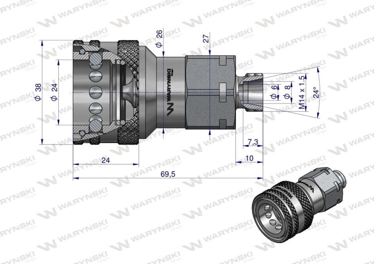 Szybkozłącze hydrauliczne gniazdo M14x1.5 gwint zewnętrzny EURO (9100814G) (ISO 7241-A) Waryński 3