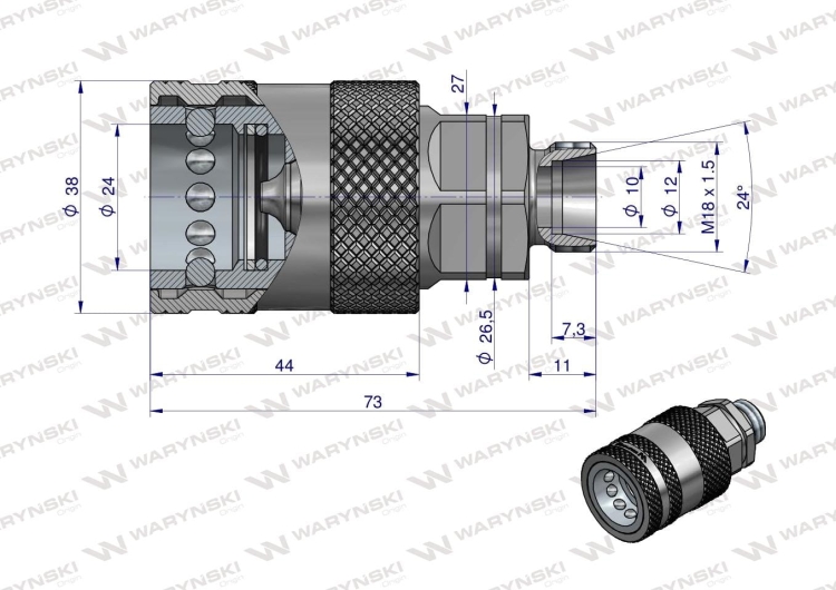 Szybkozłącze hydrauliczne gniazdo M18x1.5 gwint zewnętrzny EURO PUSH-PULL (9100818G) (ISO 7241-A) Waryński 2