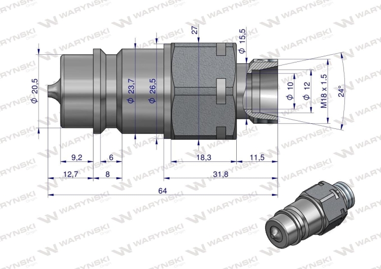 Szybkozłącze hydrauliczne wtyczka M18x1.5 gwint zewnętrzny EURO (9100818W) (ISO 7241-A) Waryński  2