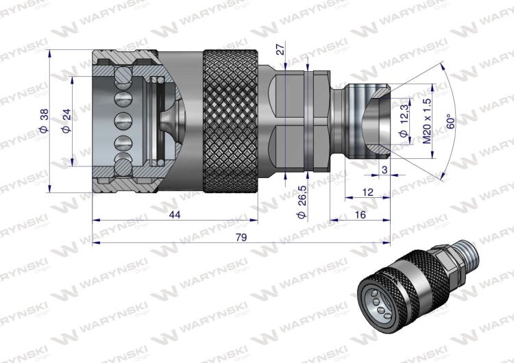 Szybkozłącze hydrauliczne gniazdo M20x1.5 gwint zewnętrzny EURO PUSH-PULL (9100822G) (ISO 7241-A) Waryński 2