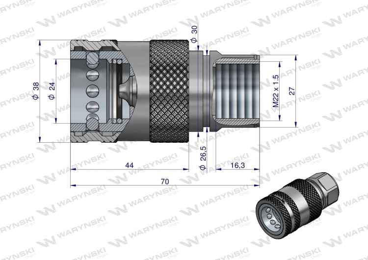 Szybkozłącze hydrauliczne gniazdo M22x1.5 gwint wewnętrzny EURO PUSH-PULL (ISO 7241-A) Waryński 2