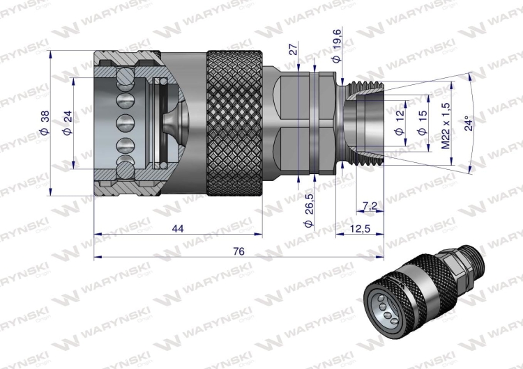 Szybkozłącze hydrauliczne gniazdo M22x1.5 gwint zewnętrzny EURO PUSH-PULL (9100822G) (ISO 7241-A) Waryński 2
