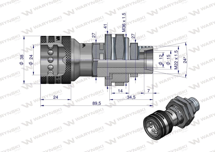 Szybkozłącze hydrauliczne gniazdo long M22x1.5 gwint zewnętrzny EURO (Adaptacja starego typu 504900) (9199822G/ST) (ISO 7241-A) Waryński  2