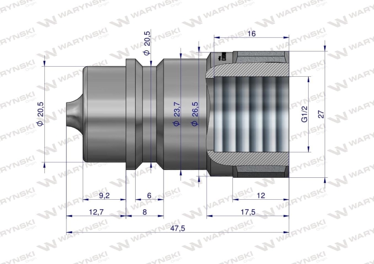 Szybkozłącze hydrauliczne wtyczka G1/2"BSP gwint wewnętrzny ISO 7241-A Waryński  2