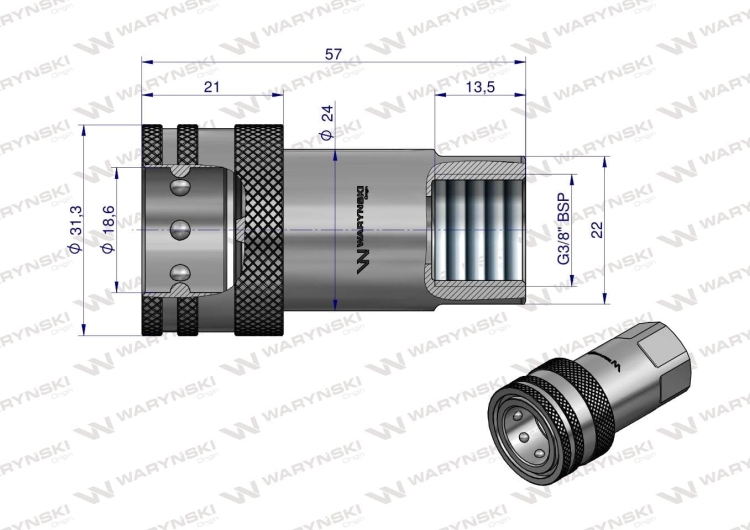 Szybkozłącze hydrauliczne gniazdo G3/8"BSP gwint wewnętrzny ISO 7241-A Waryński RYSUNEK TECHNICZNY