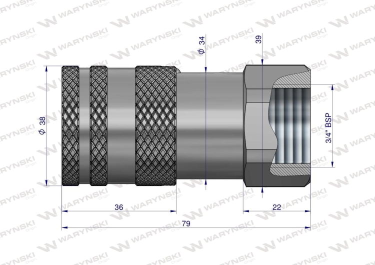 Szybkozłącze hydrauliczne suchoodcinające (rozmiar 1/2) gniazdo G3/4"BSP gwint wewnętrzny ISO16028 Waryński 3