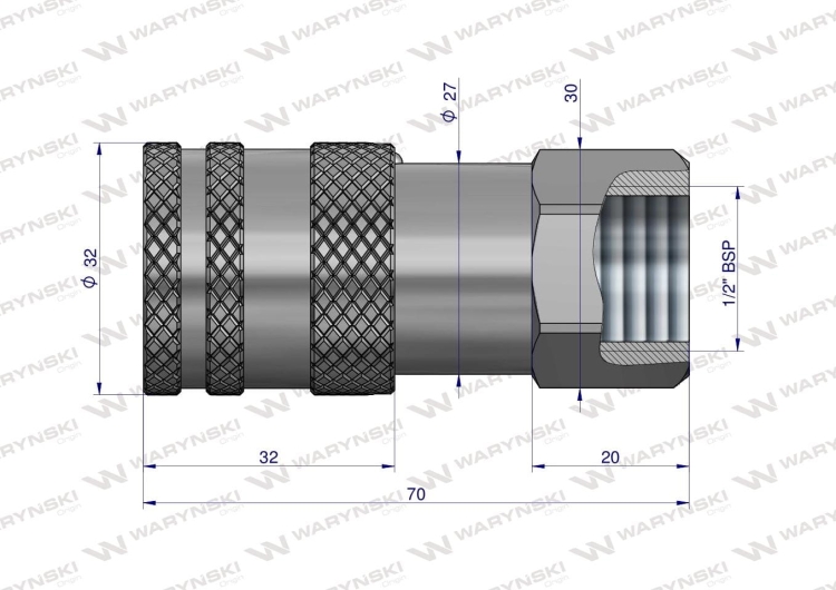 Szybkozłącze hydrauliczne suchoodcinające (rozmiar 3/8) gniazdo G1/2"BSP gwint wewnętrzny ISO16028 Waryński 4