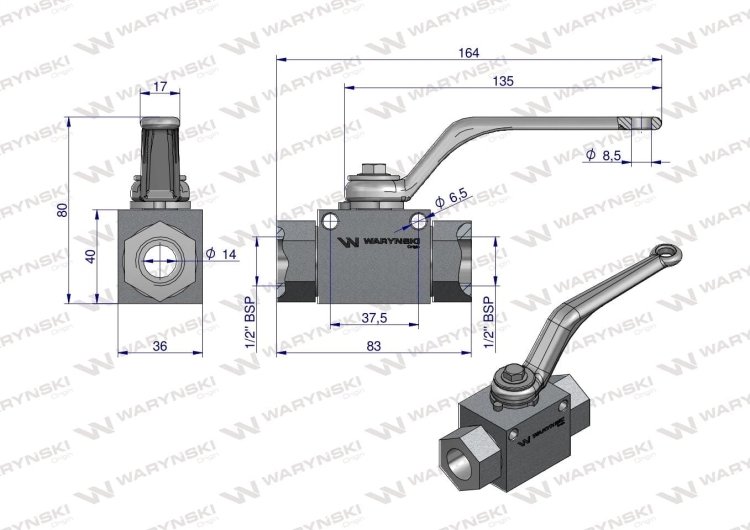 Zawór kulowy hydrauliczny 2-drogowy 2/2 - 1/2"BSP z otworami mocującymi 500 bar Waryński 2
