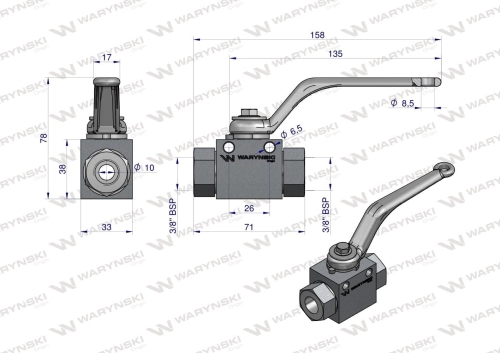 Zawór kulowy hydrauliczny 2-drogowy 2/2 - 3/8"BSP z otworami mocującymi 500 bar Waryński 2