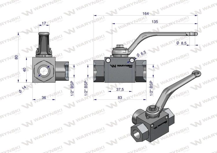 Zawór kulowy hydrauliczny 3-drogowy 3/2 - 1/2"BSP z otworami mocującymi 500 bar Waryński 2