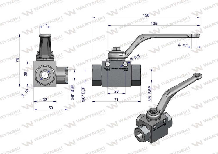 Zawór kulowy hydrauliczny 3-drogowy 3/2 - 3/8"BSP z otworami mocującymi 500 bar Waryński 2