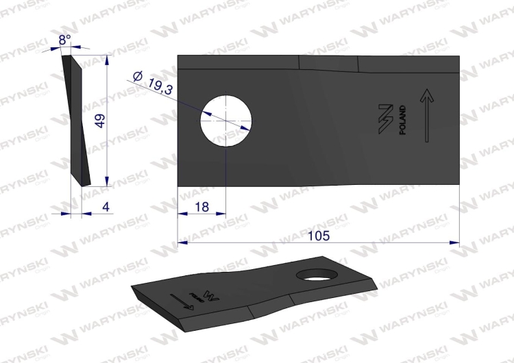 Nóż nożyk kosiarka 105X49X4X19,3 zastosowanie Samasz BRZW (opak 12xL+12xP) WARYŃSKI (2)
