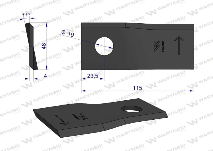 Nóż nożyk kosiarka 115X47X4X19 lewy zastosowanie 9520430 Claas WARYŃSKI  rysunek techniczny