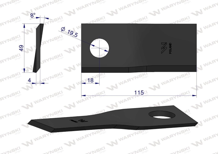 Nóż, nożyk kosiarka dyskowa 115/49/4mm (12P+12L) zastosowanie Samasz WARYŃSKI